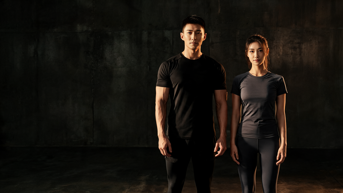 Man and woman in black gym training clothes in a dark studio