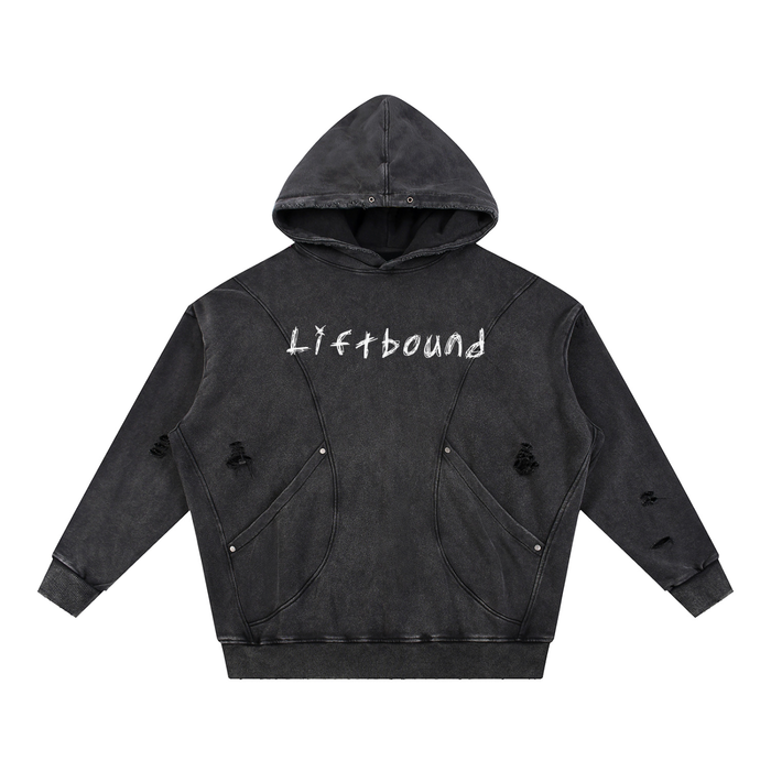 Snow Washed Distressed Panel Pocket Hoodie