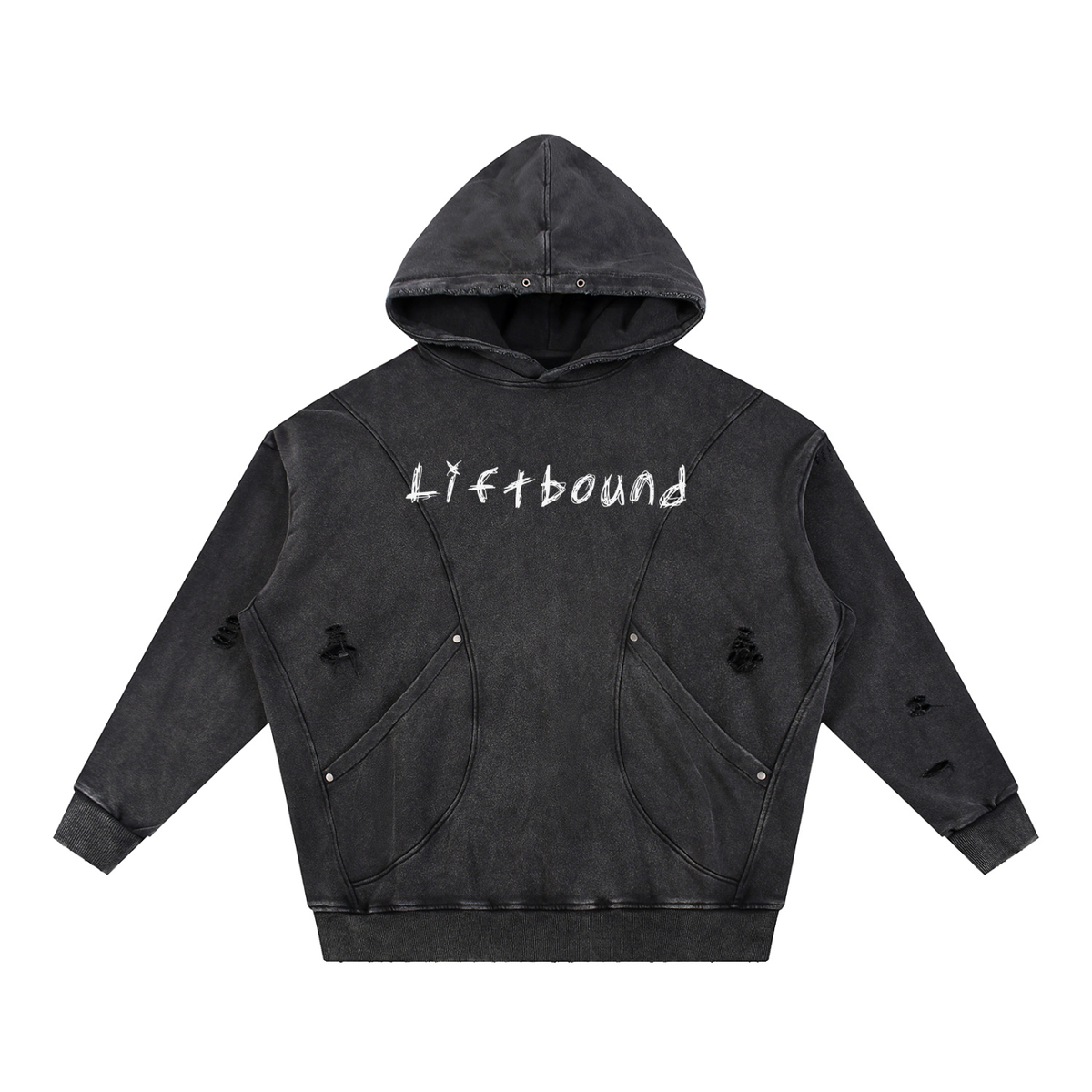Snow Washed Distressed Panel Pocket Hoodie