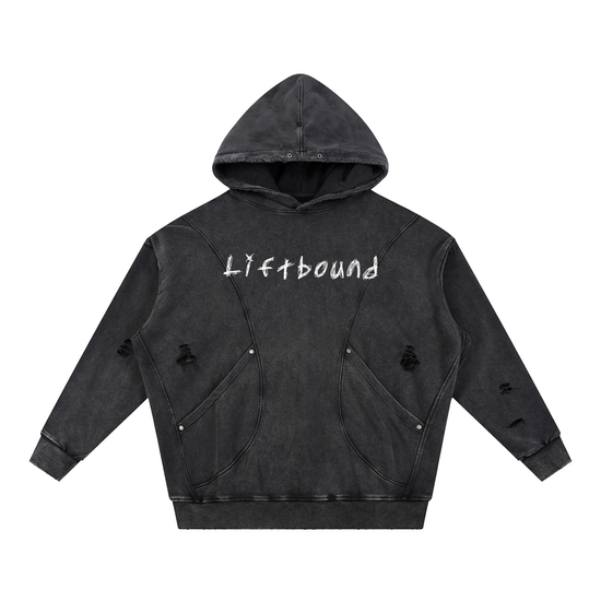 Snow Washed Distressed Panel Pocket Hoodie