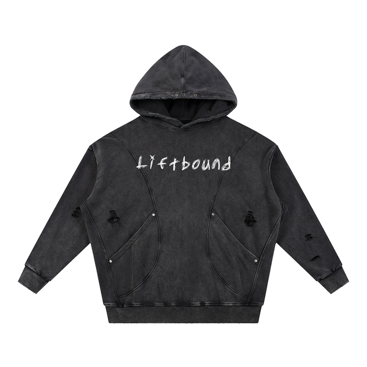 Snow Washed Distressed Panel Pocket Hoodie